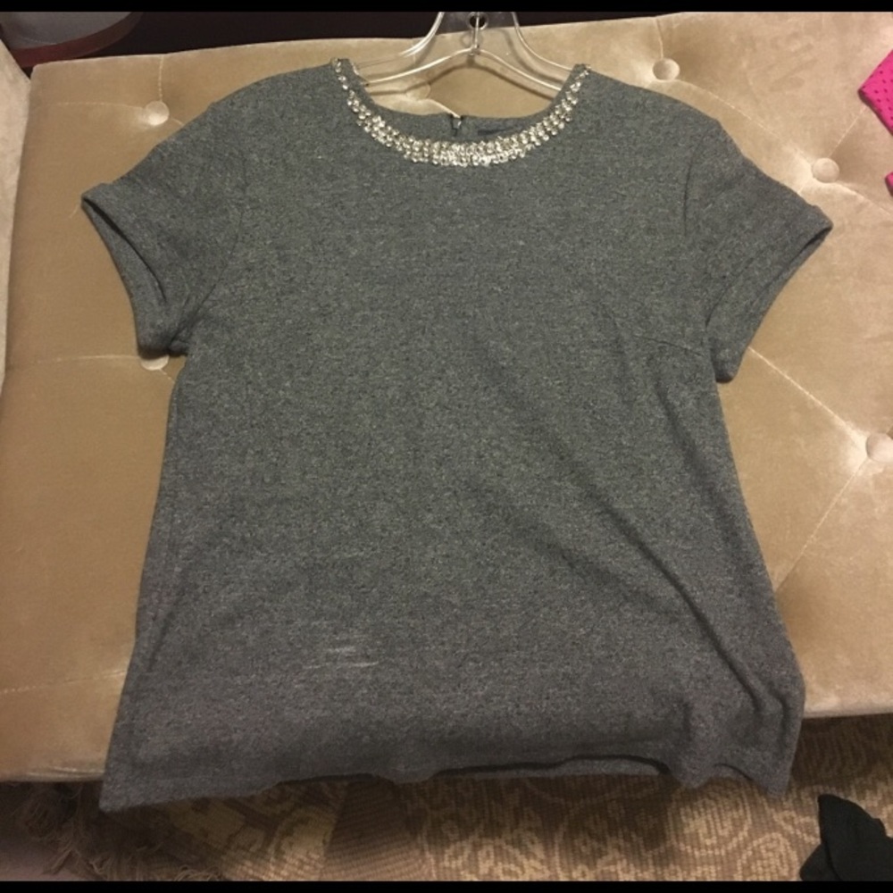 Grey top with bejeweled neck line